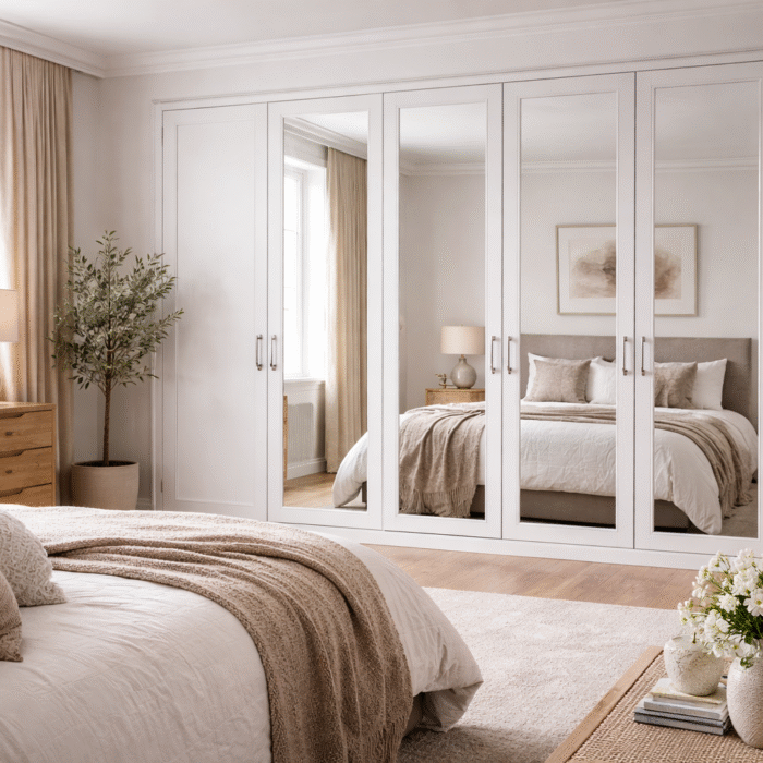 Hinged mirrored wardrobe doors styled in a modern bedroom to enhance light and space
