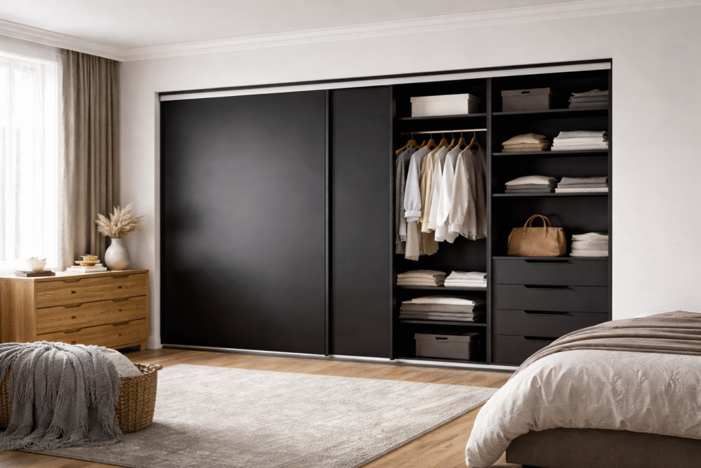 Modern sliding track wardrobe doors with smooth panel alignment in a contemporary bedroom