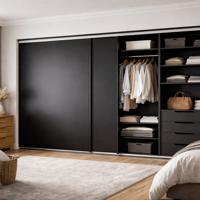 Modern sliding track wardrobe doors with smooth panel alignment in a contemporary bedroom