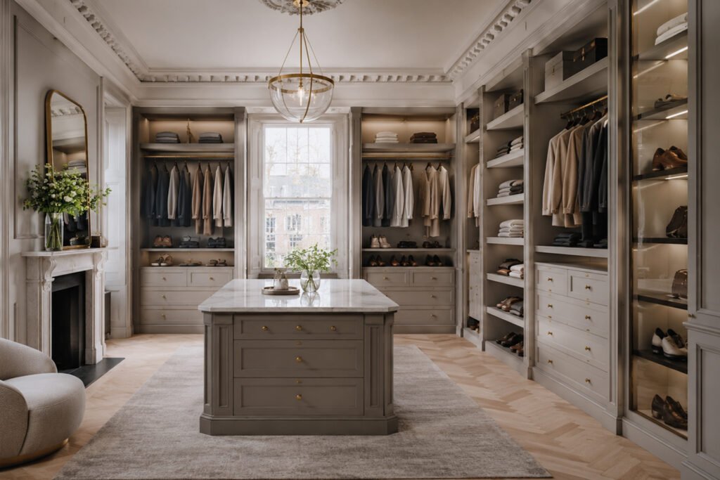 Bespoke walk-in wardrobe with custom storage for a stylish London period home.
