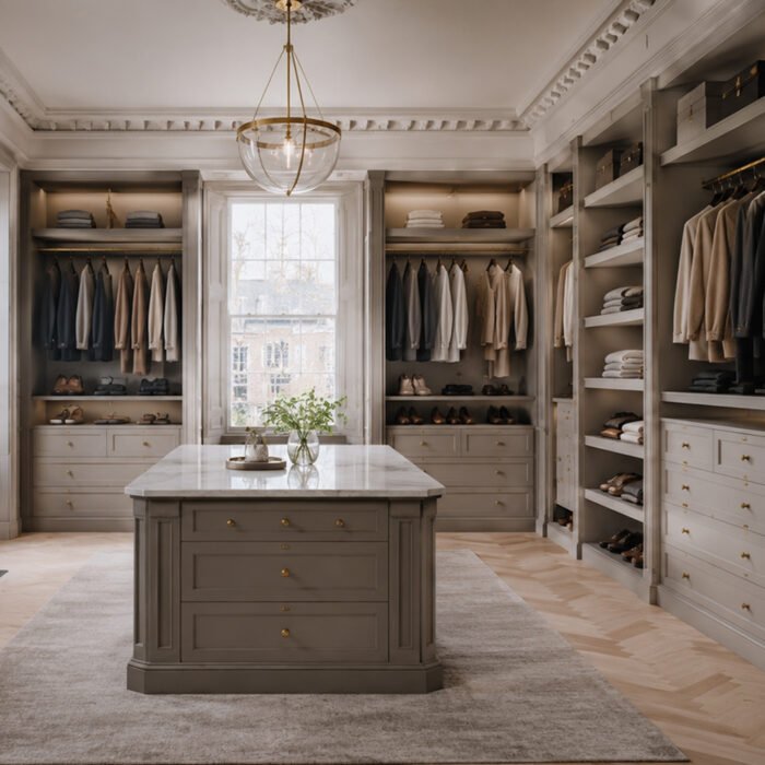 Bespoke walk-in wardrobe with custom storage for a stylish London period home.