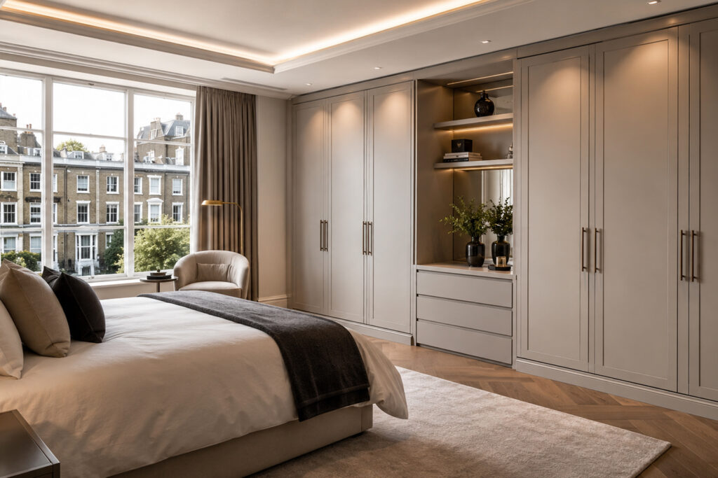 Modern bedroom with fitted wardrobes and elegant storage.