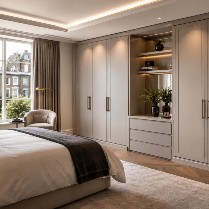 Modern bedroom with fitted wardrobes and elegant storage.