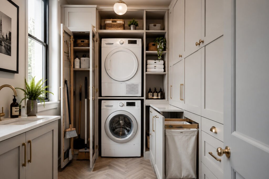 Modern utility room featuring smart storage solutions and cabinets.