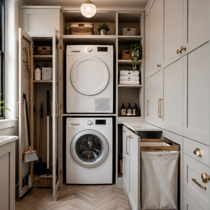 Modern utility room featuring smart storage solutions and cabinets.