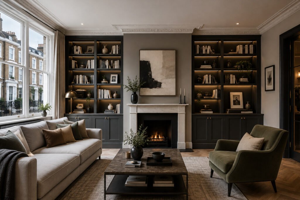 Elegant living room with fitted bookshelves, fireplace, sofa, and armchair.
