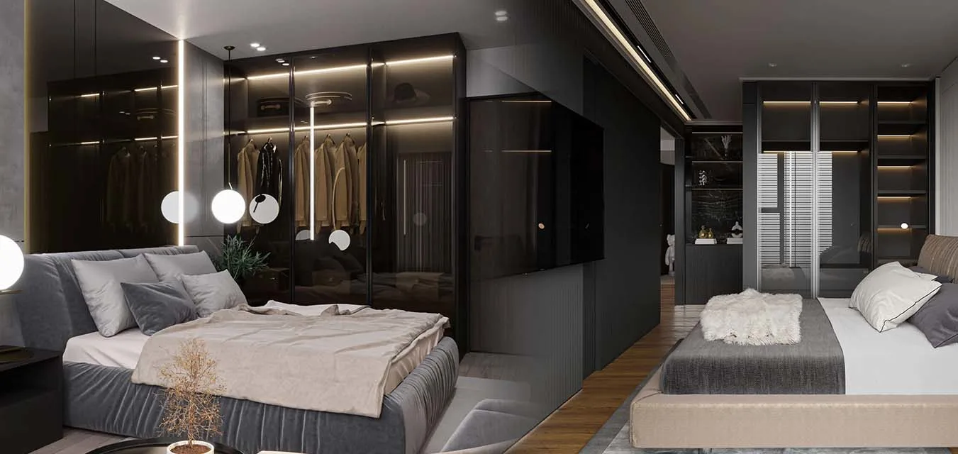 transparent glass wardrobe showcasing designer clothing